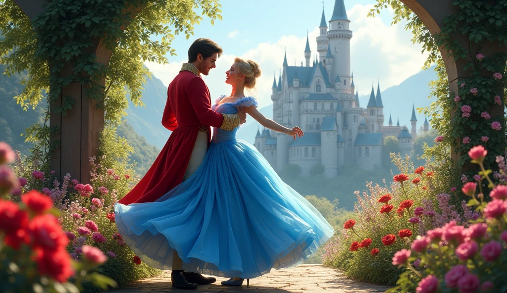 Dancing with the Prince, The prince wears a red suit, Cinderella Blue , flower garden, castle background
