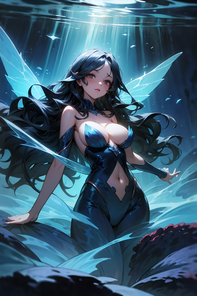 dnd woman, dark blue long and wavy hair, fairy of water, corals motive, magic atmosfer, corals in the background, magic water, big blue and shining wings, big boobs