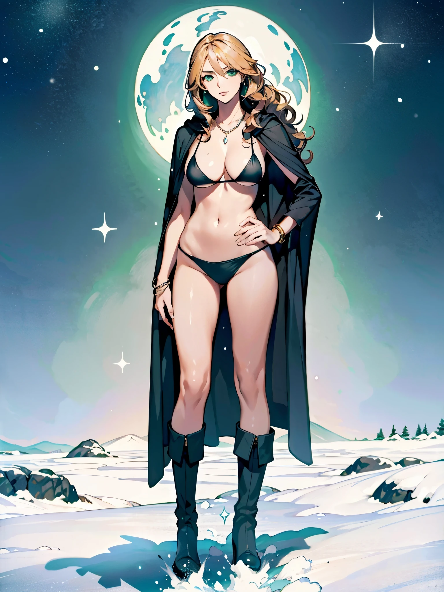 Woman standing in the snow,Snowy fields as far as the eye can see,full-body showroom,Snowy mountains in the background,,Starry Sky,Adult woman around 30 years old,Attractive and sexy woman,Wearing a black bikini,Accentuated breasts,Attractive ass,Beautiful emerald green eyes,Wearing a cloak,necklace、Earrings、bracelet、High heel boots,The palms of the hands are facing each other in front of the chest, storing magical power.,Colorful magical vibrations visualized,The hair is floating up due to the power of magic,Beautiful long blonde curly hair,masterpiece, Anatomically correct, Highest quality, High detail, Ultra high definition,,Textured skin, High detail, accurate, High resolution,