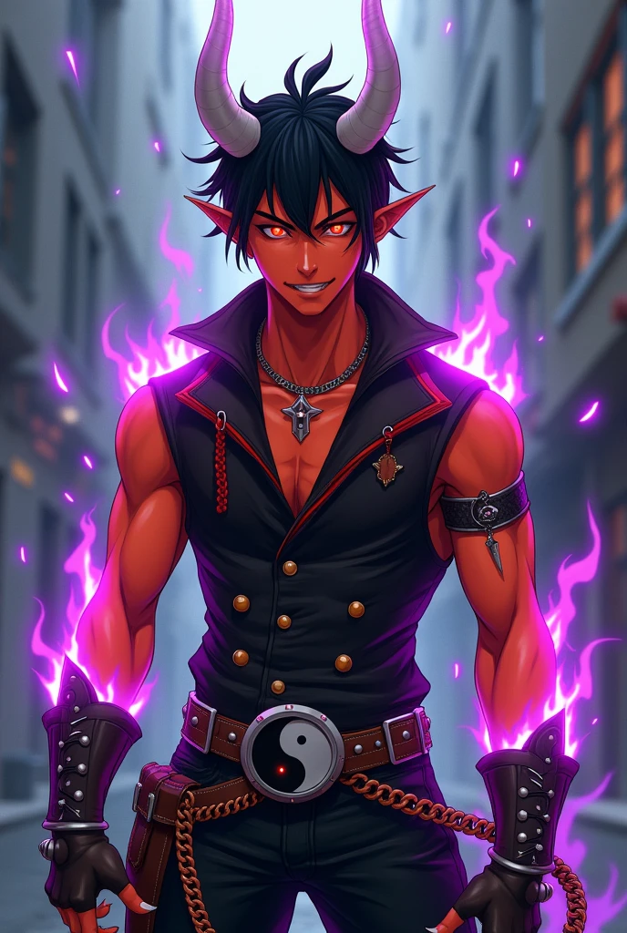 male sexy demon age 20, smile, crazy look, orange skin,glowing red eyes, black sclera, deep and cute eyes, black vest, vest is red into, arms on violet flames, cyberpunk japanese style, belt with a blue and red ying yang, chains around the belt, slim athletic, magic powers, action, leather brown boots with metal pins, black cat nails, jojo's pose, orange hair, white long hornes, hollow horns