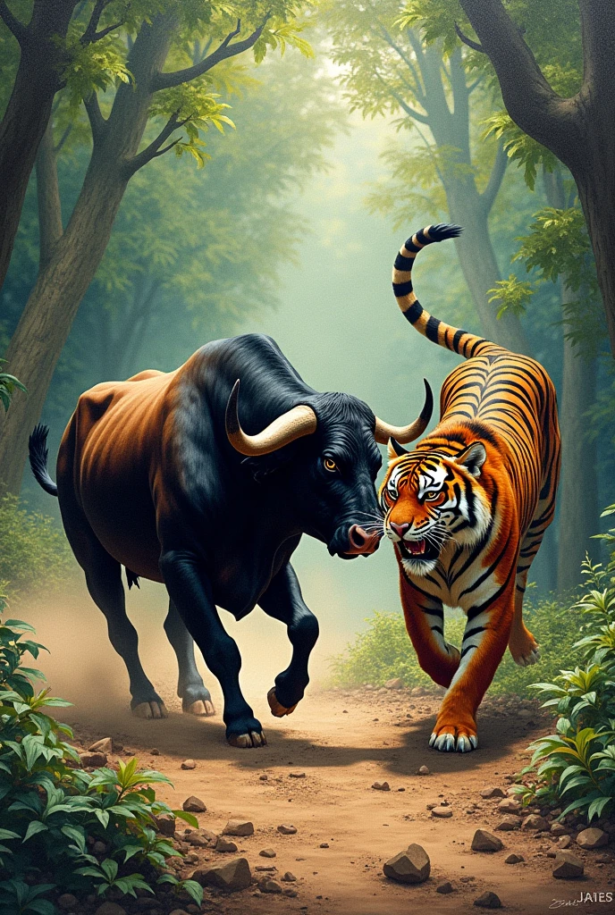 pointilsm drawing of bull fighting with tiger in the forest
