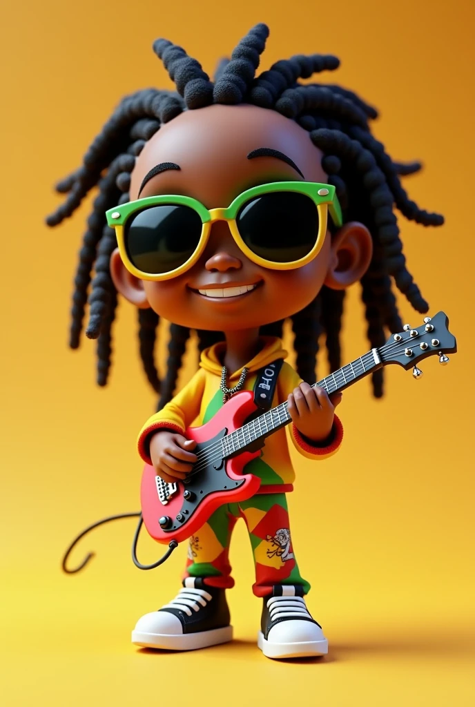 a close-up of a cartoon character wearing sunglasses and a pair of sneakers, 3d characters, arte raggae, 3d character, 3d character, 3d character art, Cartoon art style, rastafarian, 3d cartoon, 3d character render, 3d stylized, High detail iconic character, playing guitar, Um Anime Nendoroid de Snoop Dogg. -1