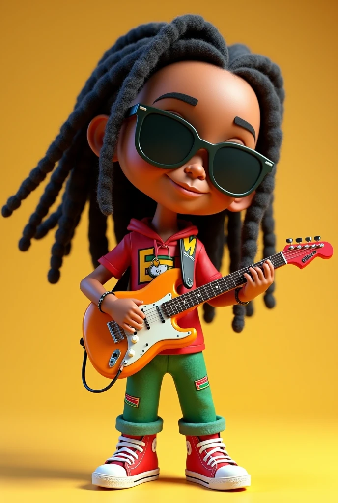 a close-up of a cartoon character wearing sunglasses and a pair of sneakers, 3d characters, arte raggae, 3d character, 3d character, 3d character art, Cartoon art style, rastafarian, 3d cartoon, 3d character render, 3d stylized, High detail iconic character, playing guitar, Um Anime Nendoroid de Snoop Dogg. -1