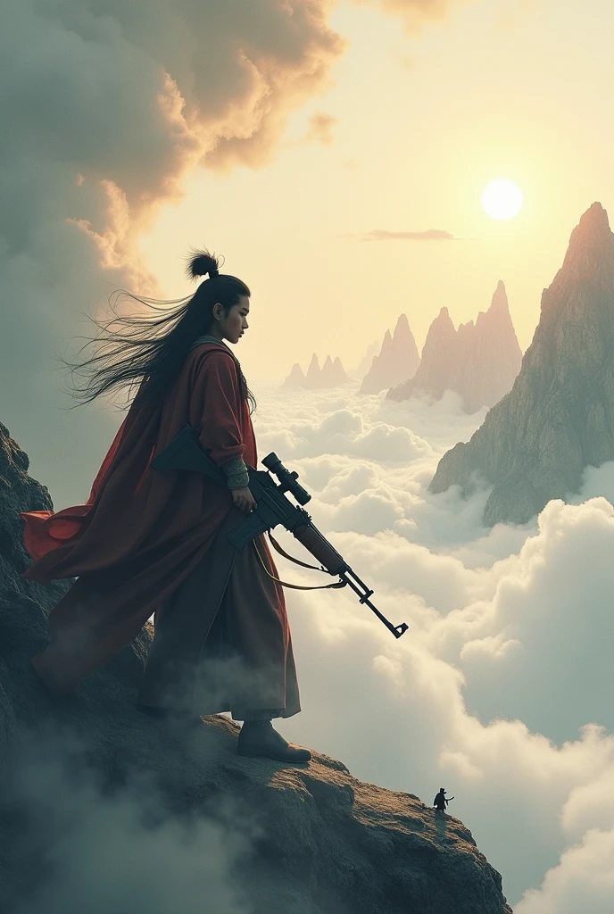 Wukong hid behind a cloud, holding an AK47 and preparing to launch a surprise attack. In the distance were the enemy's four Heavenly Kings, look up, Extra Long Shot(ELS), Tradition Chinese Ink Painting style, high detail, highly realistic, 8k smooth, Dreamy haze