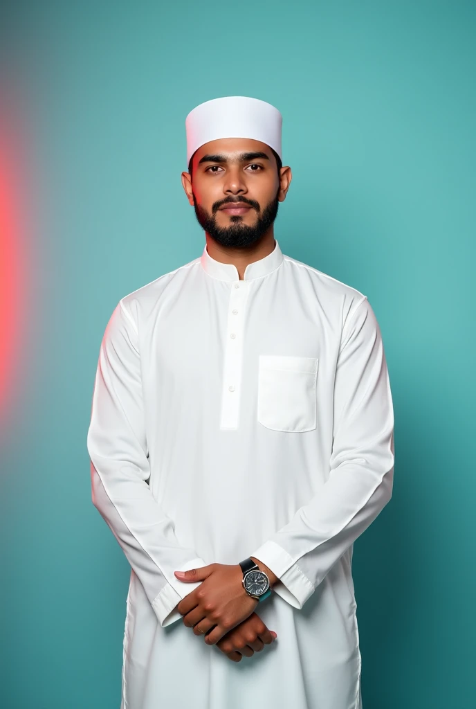 A young man with A white round cap on the head and a confident white punjabi.
He is dressed in a  over a white shitt.
The man is positioned against aqua colour backitop
with a subtle red lighting on the left side.
and he posing for Linkedln profile