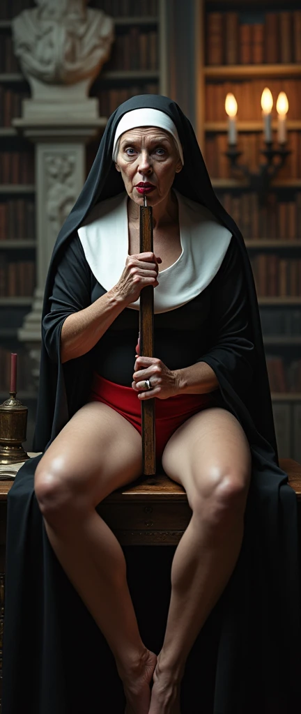 elderly 80 year old woman sitting on an old table in a library, dressed as a latex nun, black white red latex bikini, marble statue, dark octane rendering, candle lamp lighting, baroque, european, mandala, side view from below, anatomically correct, large full breasts, view on horny, wide spread legs, big cross in front of him, licking kris, muscular body, super detailed.