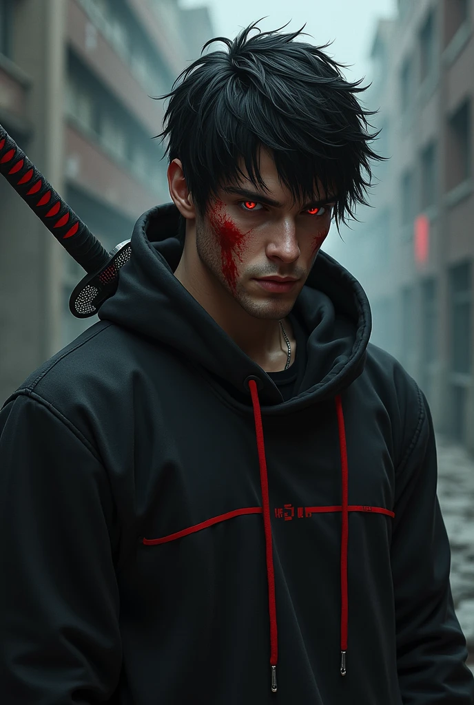 An injured male character with red eyes, black hair tossed to one side, black sweatshirt with red details, and a katana