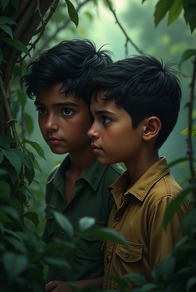 Close-up of Rakesh looking anxious, his face showing concern as he asks Ali what to do. The jungle around them feels close and threatening, with thick vegetation and shadows.Ali and Rakesh both are ten years old 