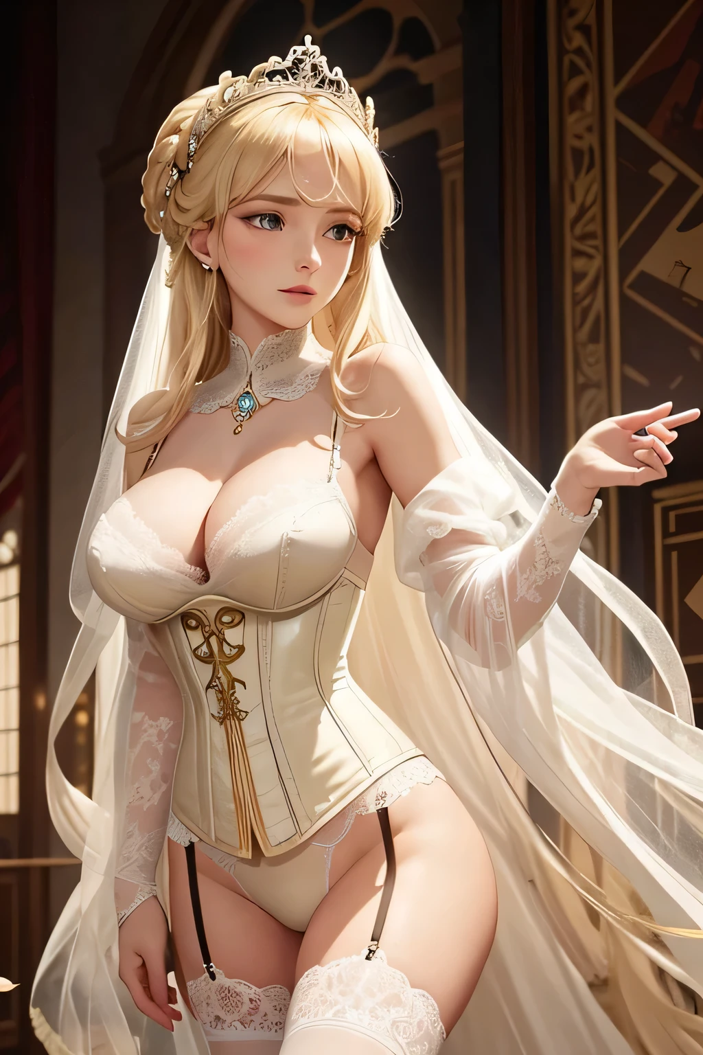 "A regal princess with long blonde hair, Eleanor of Albion, is wearing a luxurious, cream-colored silk corset-style lingerie set. The delicate lace and intricate embroidery reflect the rich traditions and opulence of the Albion Kingdom. The lingerie is both elegant and refined, accentuating her noble figure with a graceful and sophisticated design. The soft silk fabric and the classic corset structure enhance her silhouette, embodying the timeless beauty and aristocratic heritage of her kingdom."