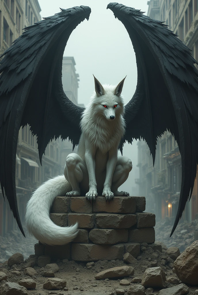 a white fox with red eyes, a beastman, sits on a stone against the background of a ruined city with a drooping face, he has big black wings on his back, a black arch flies over his head