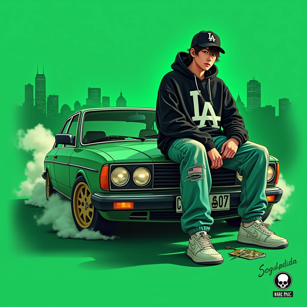 Image of a man sitting on the bonnet of a car, Yoshihiko Wada's album cover, winner of the behance contest, Doodle, official artwork, rap album cover, hip - hop album art cover, colored album art, hip hop music album cover, rap album cover art, official fanart, GTA Cover, hip hop album cover, album art cover, Cartoon character, oriental boy, Running car, Green background, green tea, Deep pressed black LA ball cap, white nike shoes, Black LA Hoodie, Baggy jeans worn down, black neighborhood, Skull, drug, The city seen from behind, korean, white smoke, Headlight light, Troublemakers, Bad boy, dye, Gun in the background