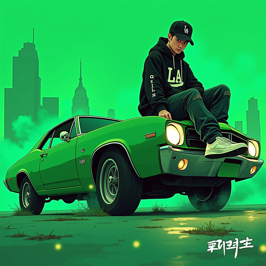 Image of a man sitting on the bonnet of a car, Yoshihiko Wada's album cover, winner of the behance contest, Doodle, official artwork, rap album cover, hip - hop album art cover, colored album art, hip hop music album cover, rap album cover art, official fanart, GTA Cover, hip hop album cover, album art cover, Cartoon character, oriental boy, Running car, Green background, green tea, Deep pressed black LA ball cap, white nike shoes, Black LA Hoodie, Baggy jeans worn down, black neighborhood, Skull, drug, The city seen from behind, korean, white smoke, Headlight light, Troublemakers, Bad boy, dye, Gun in the background