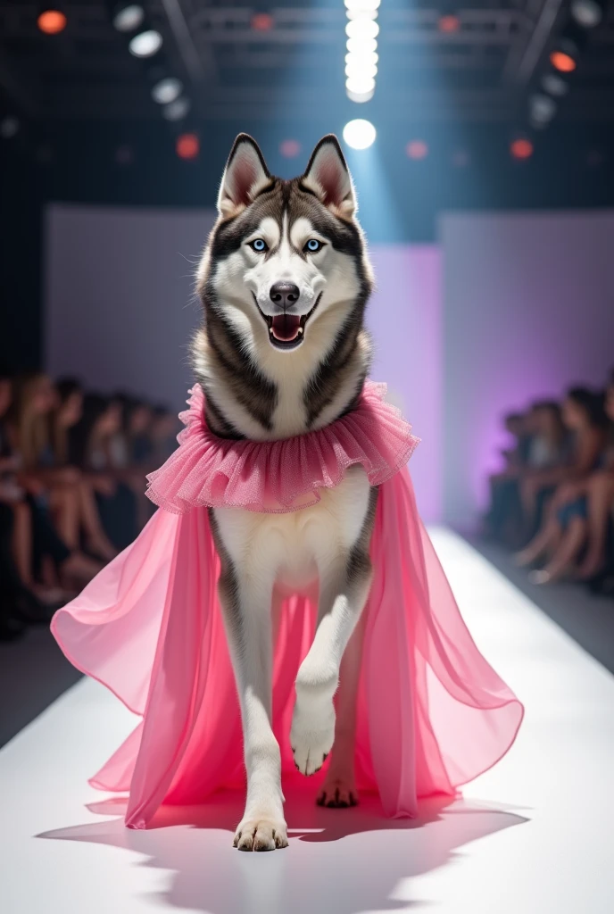 A beautiful husky dog wearing pink maxi cloth walking down the runaway at a fashion show, 