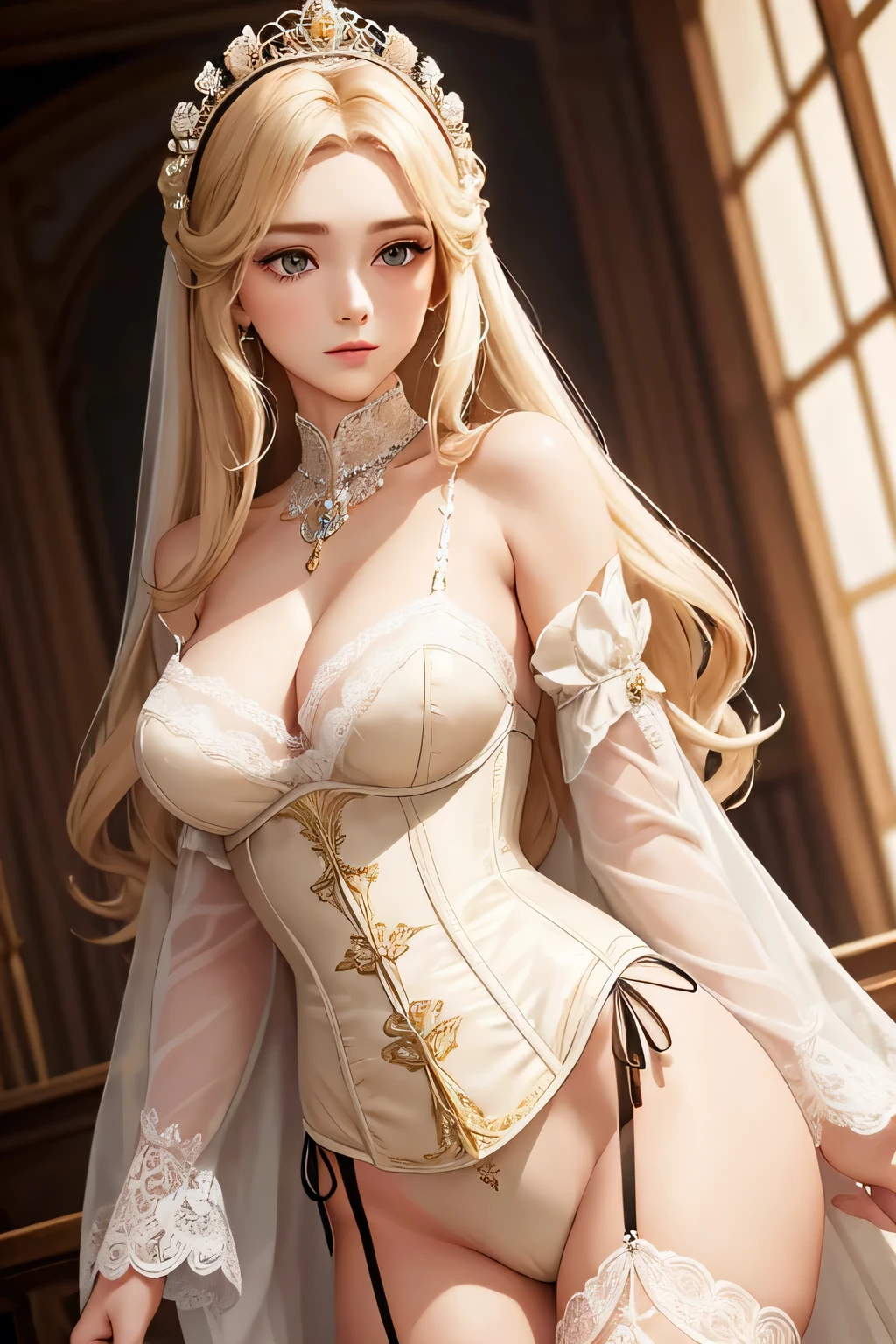 "A regal princess with long blonde hair, Eleanor of Albion, is wearing a luxurious, cream-colored silk corset-style lingerie set. The delicate lace and intricate embroidery reflect the rich traditions and opulence of the Albion Kingdom. The lingerie is both elegant and refined, accentuating her noble figure with a graceful and sophisticated design. The soft silk fabric and the classic corset structure enhance her silhouette, embodying the timeless beauty and aristocratic heritage of her kingdom."