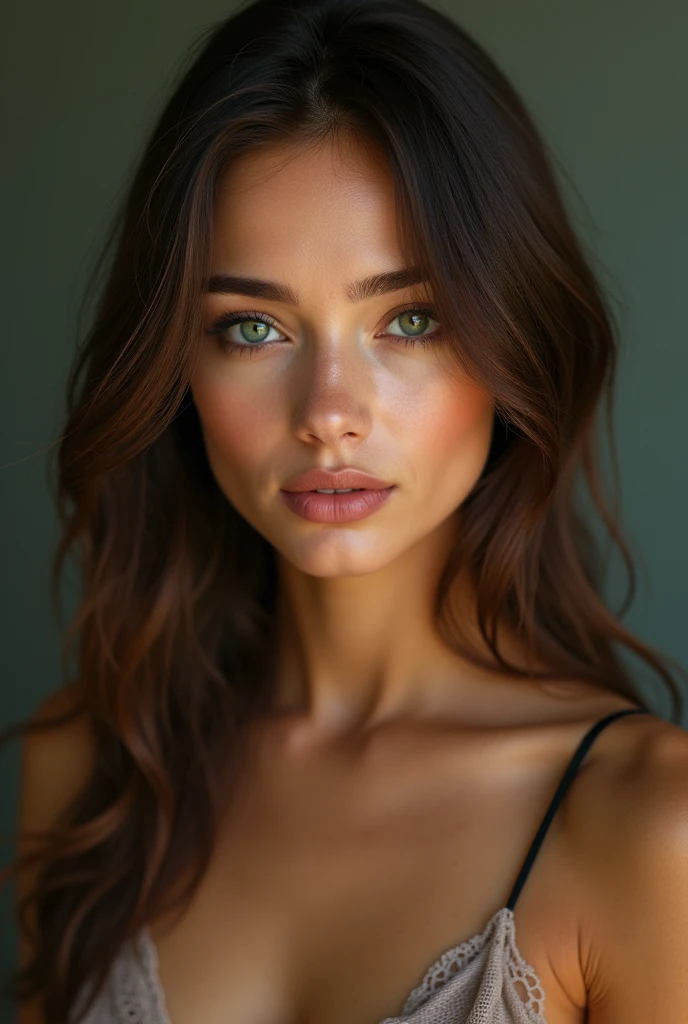 She is 2, with natural beauty and perfectly balanced features. Her skin is soft and luminous, highlighting her harmonious curves. Her long, silky hair, a deep brown with subtle highlights, falls elegantly over her shoulders. Her eyes, a piercing emerald green, captivate with their depth and mystery. She has a slender and athletic figure, with a slim waist and delicately defined hips. Her style is elegant and sensual, preferring outfits in silk and lace that suggest rather than reveal, subtly emphasizing her natural assets.