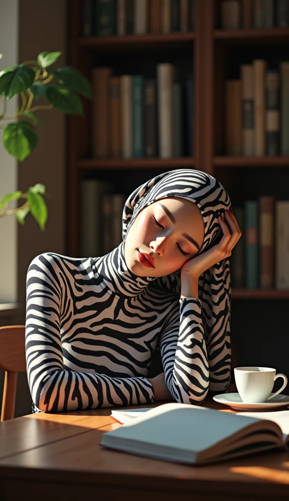 The beautiful,thin and clever asian muslimah adult girl with beautiful cheeks wears mountain zebra print lycra turtleneck unitard catsuit covered with stripes and mountain zebra print lycra elastane stretchy dancewear shawl hijab covered with stripes.She is sleeping in the zookeeper's office.She is a zookeeper.