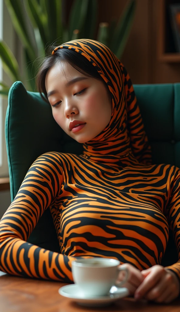 The beautiful,thin and clever asian muslimah adult girl with beautiful cheeks wears mountain zebra print lycra turtleneck unitard catsuit covered with stripes and mountain zebra print lycra elastane stretchy dancewear shawl hijab covered with stripes.She is sleeping in the zookeeper's office.She is a zookeeper.