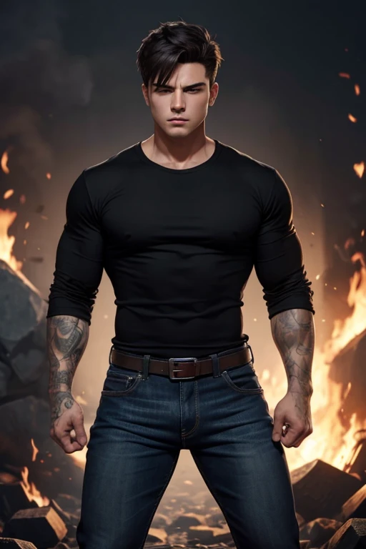 Draw a male character wearing jeans and a black shirt with 3 sleeves/4. Seen from the front with serious appearance while screaming with clenched fists in a burning environment. Short hair and brown eyes with a clean shave.
