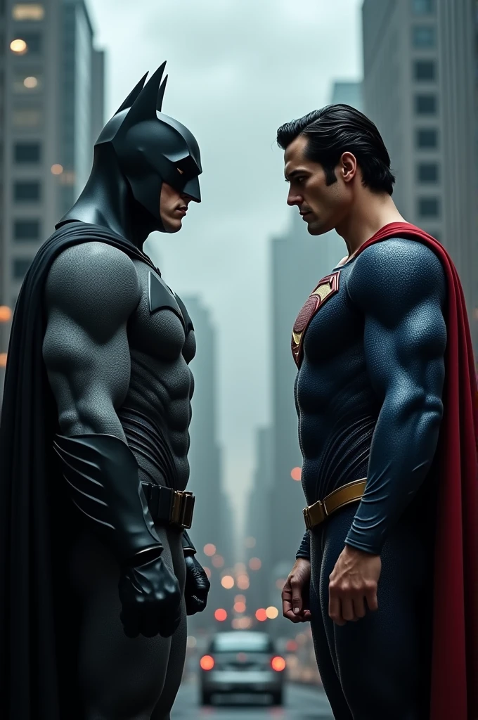 Batman and Superman face to face standing epic pose