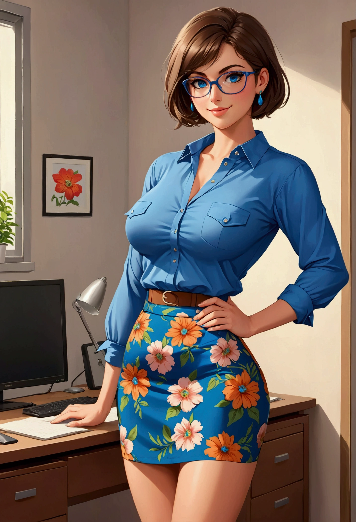 20 years old woman, Short brown hair, Méditerranéenne aux blue eye, Generous and heavy breasts, slender waist, estomac defini, fesses rebondies et pulpeuses, naturally curved, muscular thighs, aguicheuse, devant la photocopieuse , floral skirt and blouse, lunettes , Earrings, blue eye, ssmile 