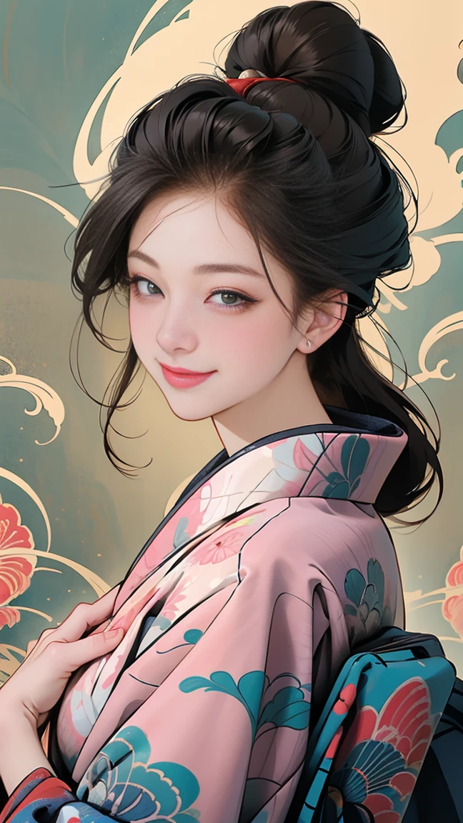 SeaArt creates stunning digital illustrations of beautiful women in kimono、A beautiful woman smiles and shows her upper white teeth、Vividly colored digital illustrations reminiscent of Ukiyo-e、Brown-black long hair、Beautiful full body style、If you want to dance, try the Tokyo Ondo～Yoiyoi、Yukata looks good too、Beautiful and innovative digital anime paintings,、 Beautiful digital animated portrait、Detailed digital anime art in the background、Shrines and temples in Kyoto、