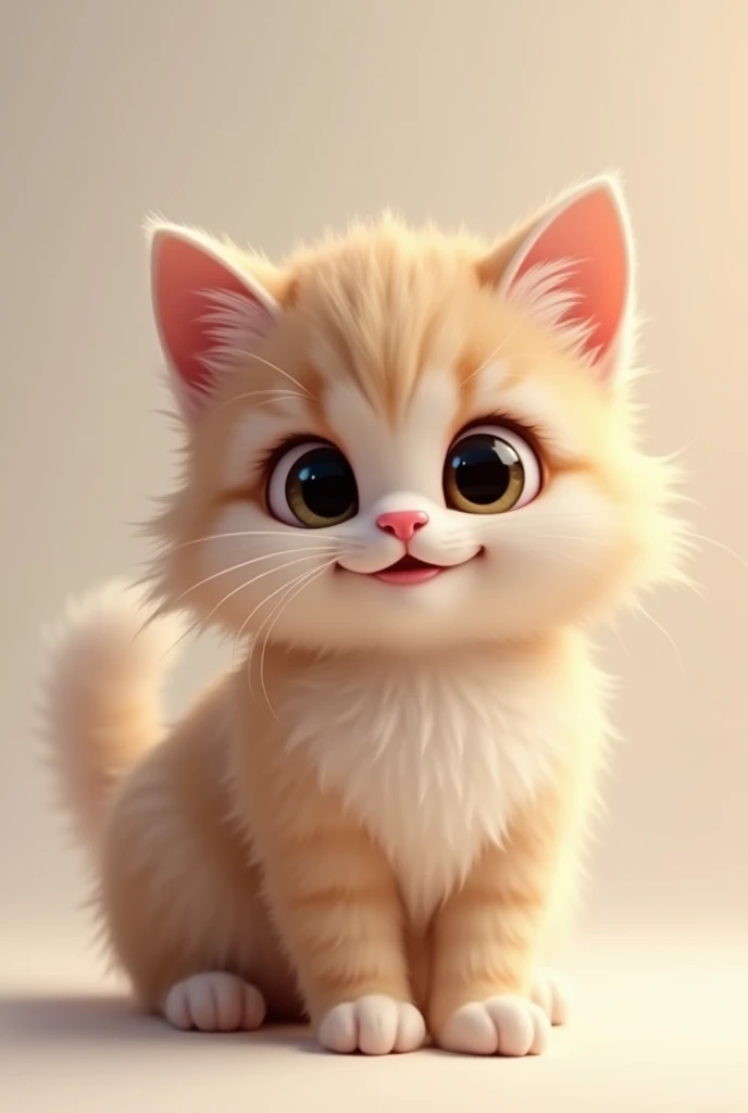 "Create a charming and adorable cat with large, expressive eyes and a soft, fluffy coat. The cat should have a playful and curious expression, with a hint of mischief. Place the cat against a simple, realistic, light-colored background to highlight its features, and add some gentle lighting to enhance its cuteness."