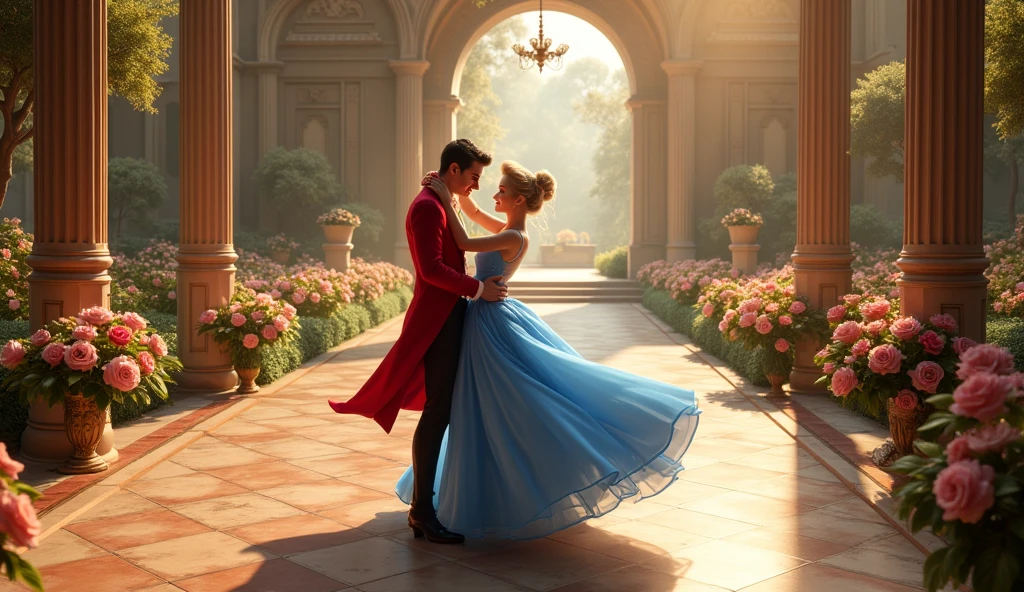 Dancing with the Prince, The prince wears a red suit, Cinderella Blue , flower garden, Dancing in the castle
