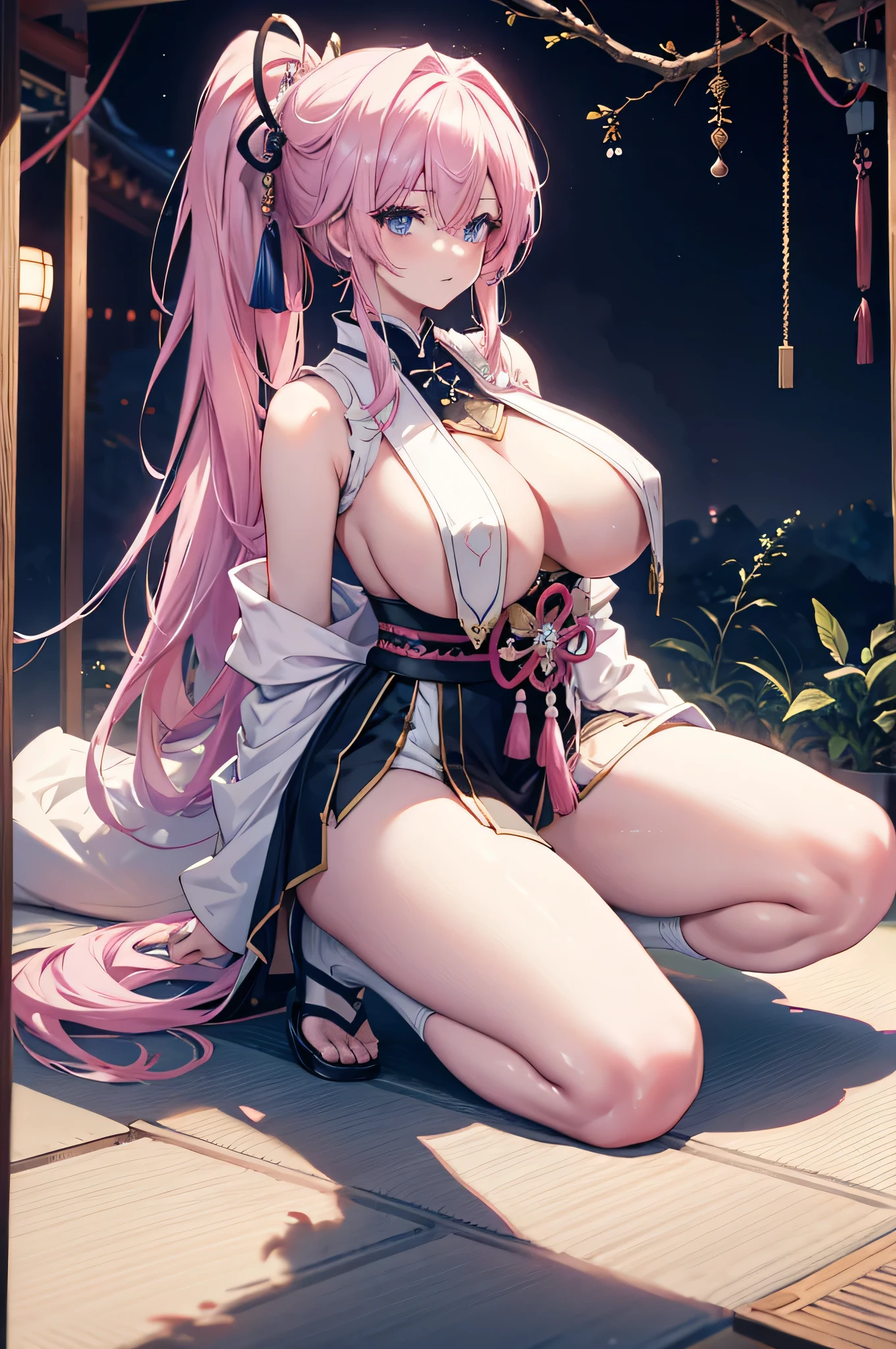 4K,High resolution,One Woman,Pink Hair,Long Ponytail,Blue Eyes,Huge boobs,Swordsman,White samurai armor,breast curtains,Sleeveless,White shoes,Jewelry decoration,Japanese sword,Plains