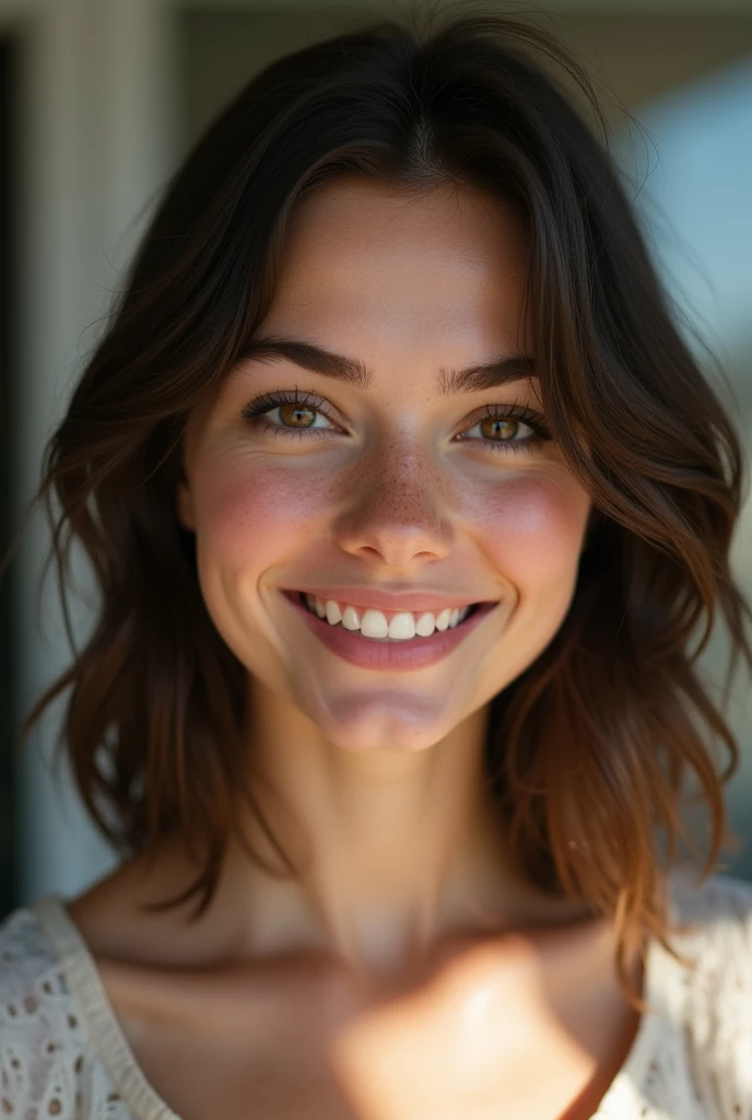 A very realistic close-up of the face of a young brunette woman in her twenties. Her shoulder-length, slightly wavy hair falls naturally around her face. She has fair skin with a slightly rosy complexion and some subtle freckles on her nose and cheeks. Her brown eyes are large and expressive, with long natural eyelashes. She looks directly into the camera with a slight smile, revealing straight, white teeth. Her lips are naturally pink, and her thick, well-defined eyebrows frame her eyes. The soft, natural light emanating from the window in front of her illuminates her face, highlighting her delicate features and creating a subtle contrast with the blurred background. The texture of his skin and the details of his features are visible, making the image extremely realistic.