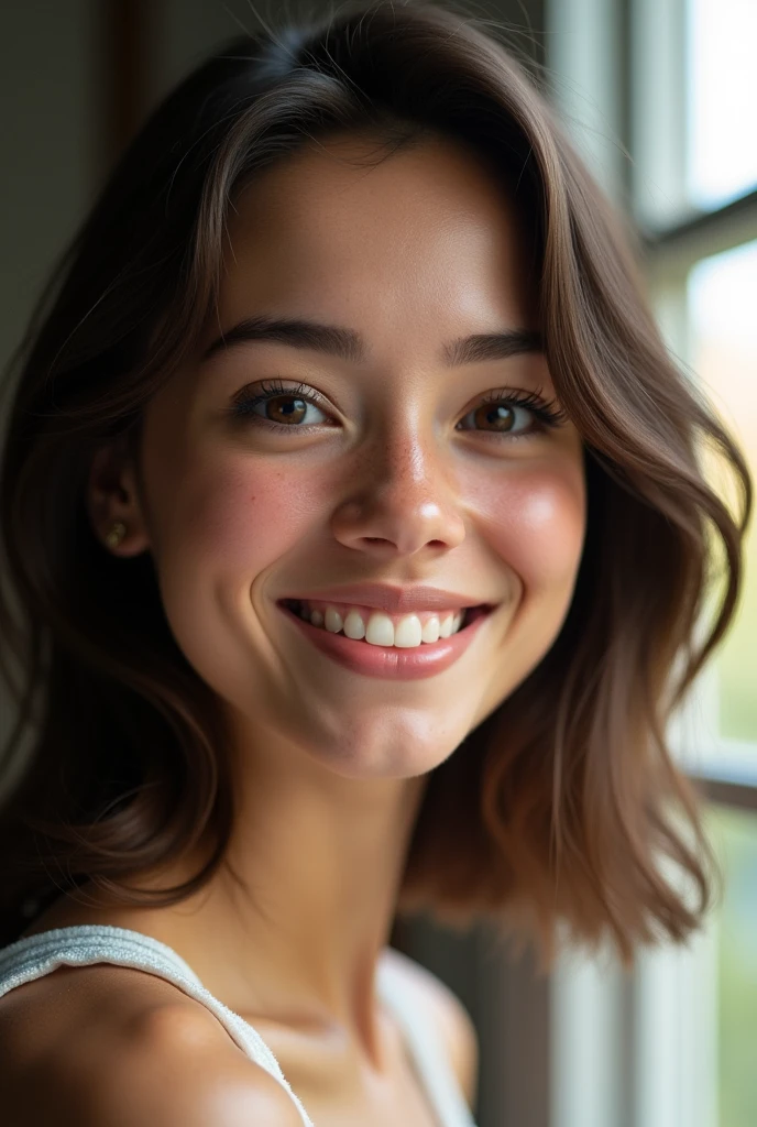 A very realistic close-up of the face of a young brunette woman in her twenties. Her shoulder-length, slightly wavy hair falls naturally around her face. She has fair skin with a slightly rosy complexion and some subtle freckles on her nose and cheeks. Her brown eyes are large and expressive, with long natural eyelashes. She looks directly into the camera with a slight smile, revealing straight, white teeth. Her lips are naturally pink, and her thick, well-defined eyebrows frame her eyes. The soft, natural light emanating from the window in front of her illuminates her face, highlighting her delicate features and creating a subtle contrast with the blurred background. The texture of his skin and the details of his features are visible, making the image extremely realistic.
