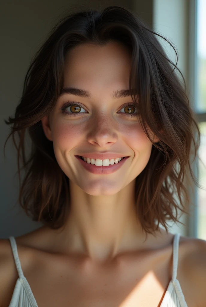 A very realistic close-up of the face of a young brunette woman in her twenties. Her shoulder-length, slightly wavy hair falls naturally around her face. She has fair skin with a slightly rosy complexion and some subtle freckles on her nose and cheeks. Her brown eyes are large and expressive, with long natural eyelashes. She looks directly into the camera with a slight smile, revealing straight, white teeth. Her lips are naturally pink, and her thick, well-defined eyebrows frame her eyes. The soft, natural light emanating from the window in front of her illuminates her face, highlighting her delicate features and creating a subtle contrast with the blurred background. The texture of his skin and the details of his features are visible, making the image extremely realistic.