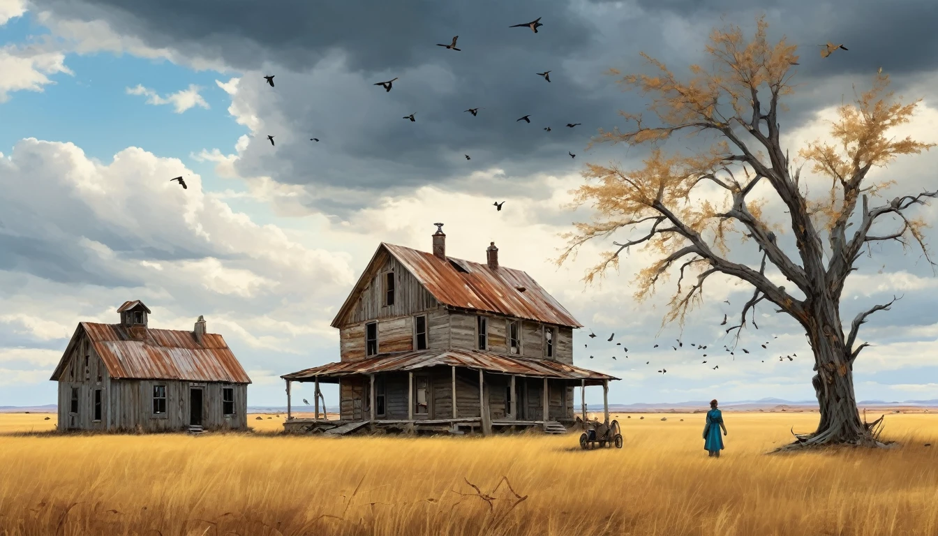 A desolate, rustic farmhouse in an expansive, barren field. The house has an old, weathered appearance with corrugated metal roofing and wooden siding, showcasing signs of decay. The landscape features dry, yellowed grass and leafless trees under an overcast sky. Two figures stand near the house, adding to the eerie and deserted atmosphere. A flock of birds flies overhead, enhancing the scene's somber and isolated mood. Hyper realistic photo, vibrant colors, 16k