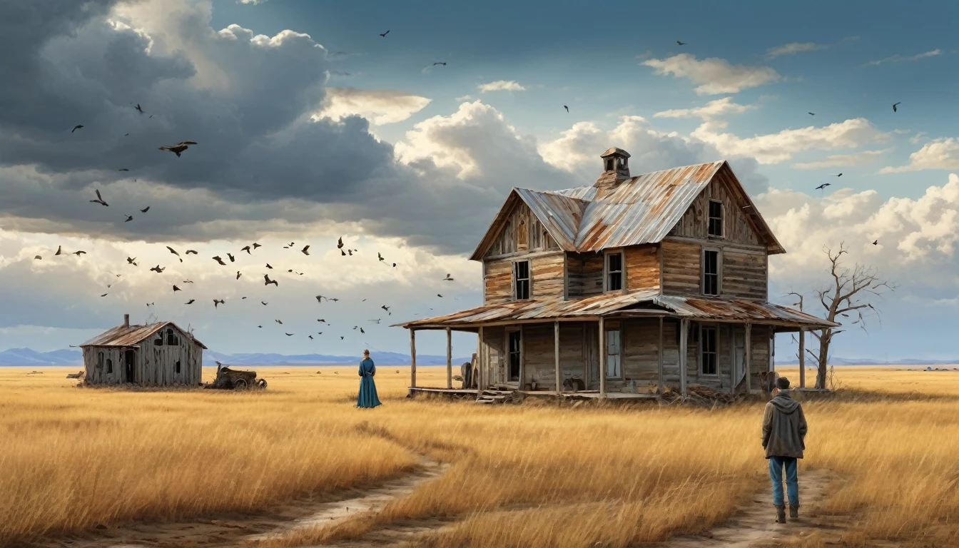 A desolate, rustic farmhouse in an expansive, barren field. The house has an old, weathered appearance with corrugated metal roofing and wooden siding, showcasing signs of decay. The landscape features dry, yellowed grass and leafless trees under an overcast sky. Two figures stand near the house, adding to the eerie and deserted atmosphere. A flock of birds flies overhead, enhancing the scene's somber and isolated mood. Hyper realistic photo, vibrant colors, 16k