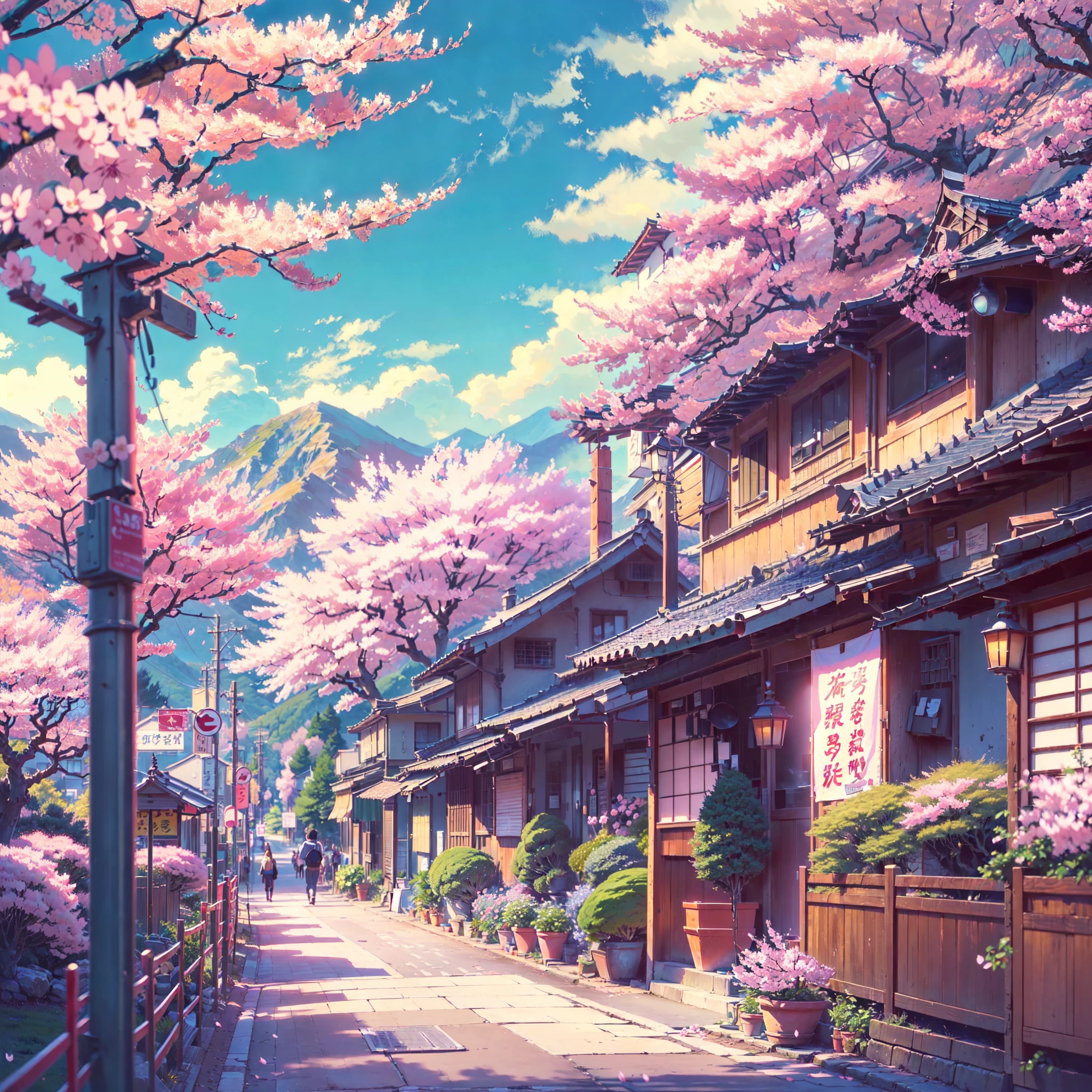 ((score_9, score_8_up, score_7_up, score_6_up)), ((serene street with a prominent cherry blossom tree in the center: 1.3)), ((anime countryside landscape: 1.1)), ((Japanese town: 1.1)), ((mountains in the background: 1.2)) detailed anime artwork, rural, anime scene, ((bright blue sky: 1.0)), extra detailed, very detailed, japanese banners, row of small lights, plant pots, , anime style, anime, lofi, lofi vibe, ((best quality:1.5)), ((masterpiece:1.5)), ((highly detailed:1.3)), ((anime aesthetic:1.2)), ((no one: 1.2)), ((no people: 1.2))