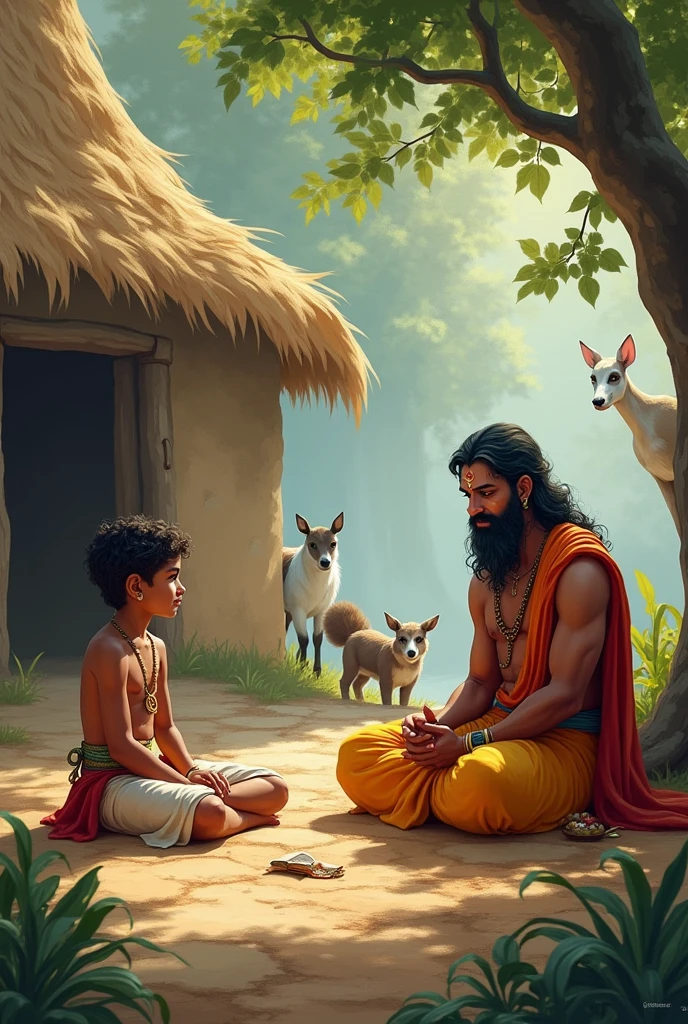 Here's a prompt that describes the couplet from Tulsidas's Ram Charit Manas:
"Create an image illustrating Lord Ram, as a young boy, being taught by Sage Vashishtha. The scene should depict a serene and scholarly environment with Sage Vashishtha imparting knowledge. Young Ram is attentively learning and absorbing the teachings, surrounded by a peaceful natural setting that emphasizes the sacred and spiritual atmosphere. The background should reflect the ancient Gurukul setting, with trees, a simple hut, and animals, symbolizing the purity and simplicity of the learning environment."