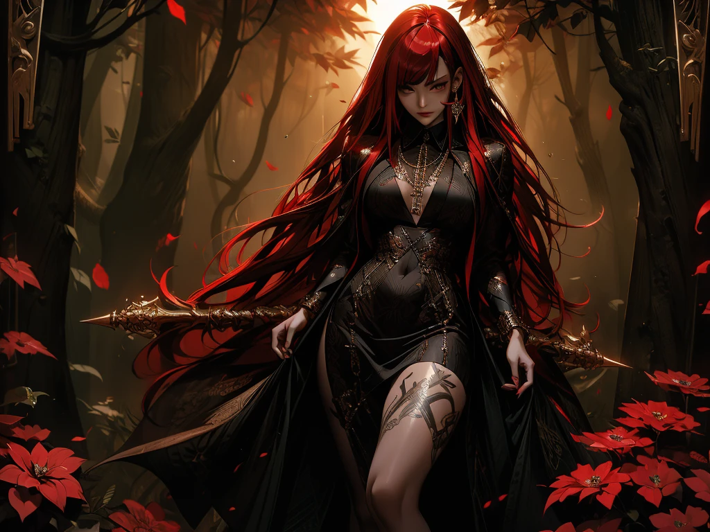 "In this visually striking piece of digital art、Journey into a world of fantasy and wonder。. A mysterious woman with long red hair and seductive black clothing stands in a lush forest。, Her body is、Adorned with intricate tattoos that seem to come to life in the bright sun。."