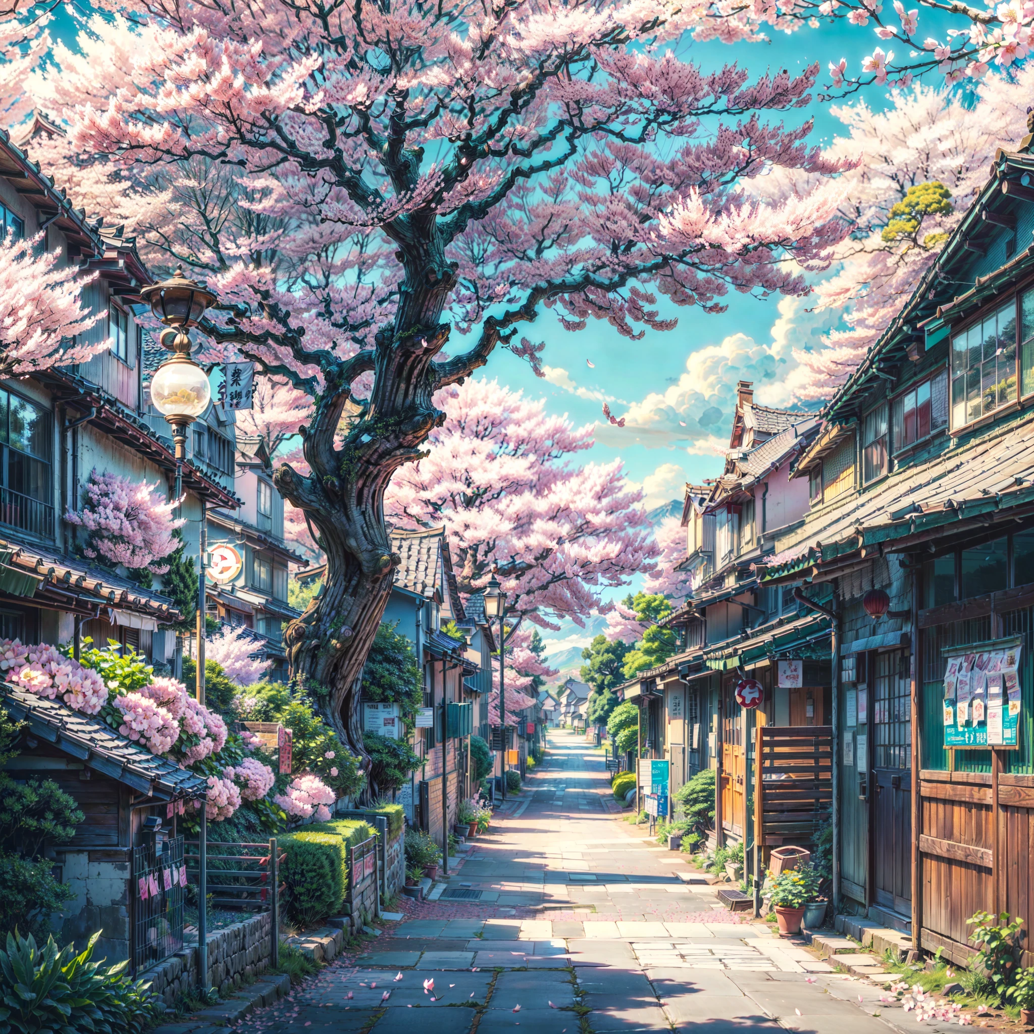 ((score_9, score_8_up, score_7_up, score_6_up)), ((serene street with a prominent cherry blossom tree in the center: 1.3)), ((anime countryside landscape: 1.1)), ((Japanese town: 1.1)), ((mountains in the background: 1.2)) detailed anime artwork, rural, anime scene, ((bright blue sky: 1.0)), extra detailed, very detailed, japanese banners, row of small lights, plant pots, , anime style, anime, lofi, lofi vibe, ((best quality:1.5)), ((masterpiece:1.5)), ((highly detailed:1.3)), ((anime aesthetic:1.2)), ((no one: 1.2)), ((no people: 1.2))