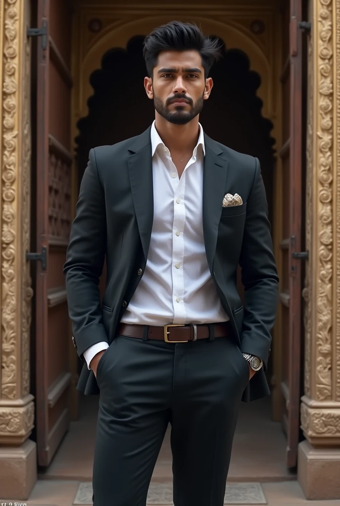 "Depict Veer Pratap Singh standing at the temple gate. He is a tall, attractive man with a lean build and broad shoulders, exuding confidence. His black hair is slightly tousled, framing a well-defined face with sharp jawlines and high cheekbones. His deep, ocean-like eyes reflect his inner strength and determination. His clear, smooth skin adds to his appeal, making him look charismatic and self-assured. He is dressed in a sophisticated, modern business suit, giving him an aura of power and wealth.