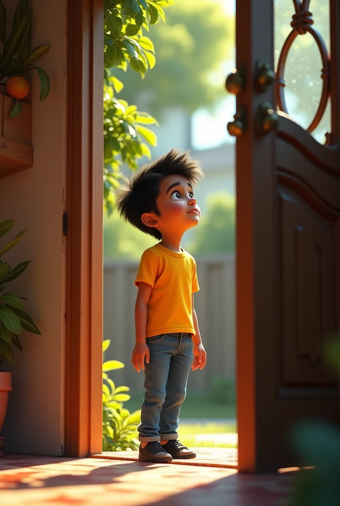 a adult boy stand near to house door and looking something which are out side of rahul house,rahul wearing yellow T-shirt and blue jeans and black shoe,,in the style of a Pixar or animated film, with detailed textures and lighting, vibrant colors, and a whimsical, lighthearted tone