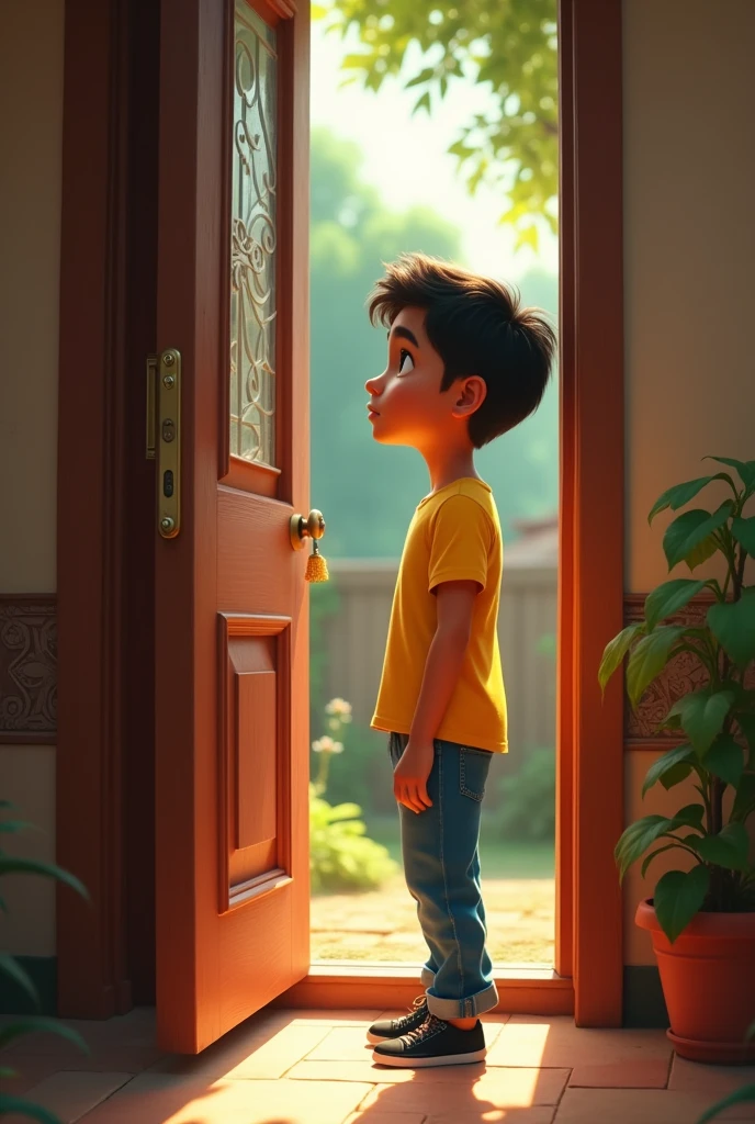 a adult boy stand near to house door and looking something which are out side of rahul house,rahul wearing yellow T-shirt and blue jeans and black shoe,,in the style of a Pixar or animated film, with detailed textures and lighting, vibrant colors, and a whimsical, lighthearted tone