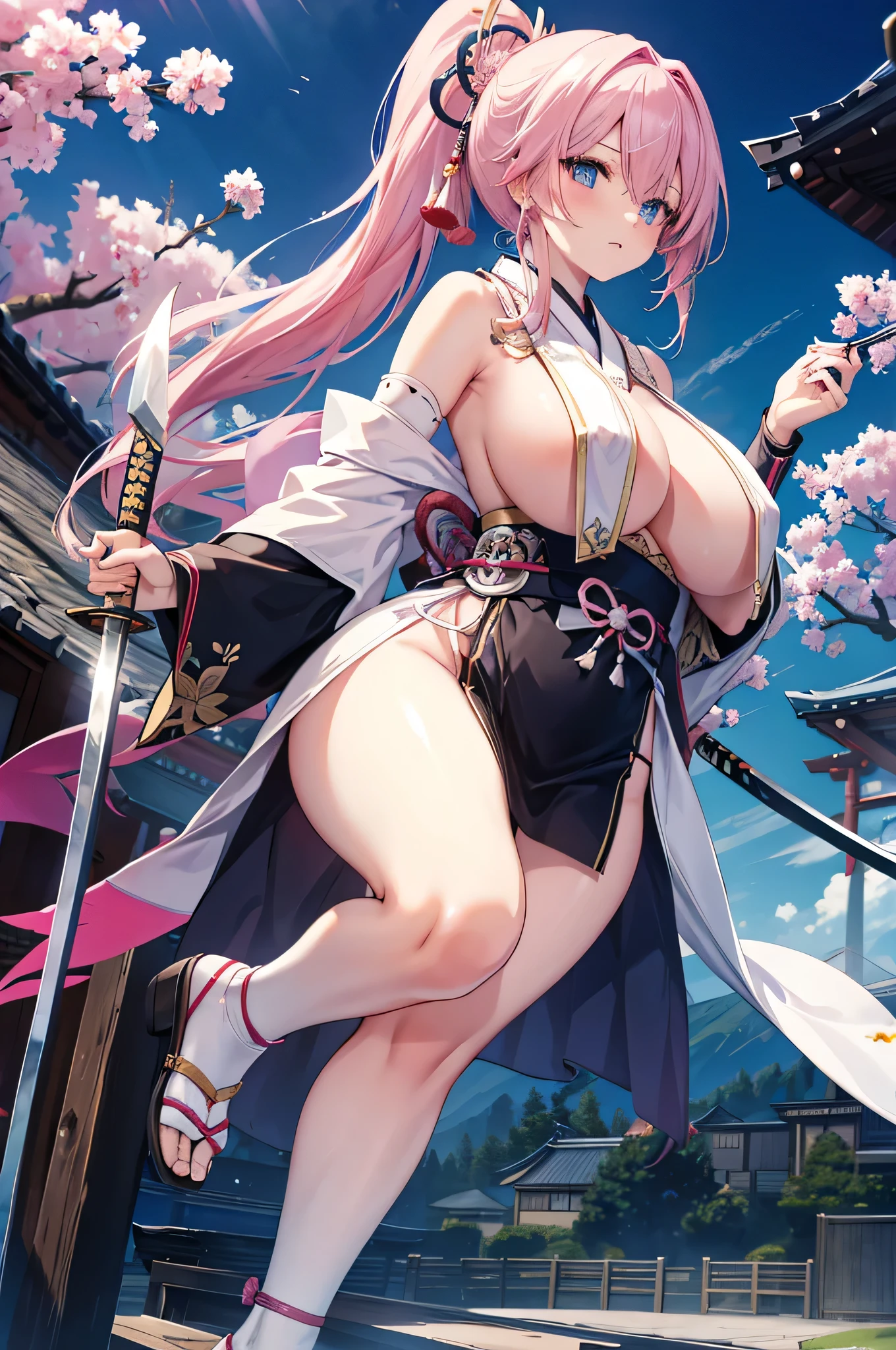 4K,High resolution,One Woman,Pink Hair,Long Ponytail,Blue Eyes,Huge boobs,Swordsman,White samurai armor,breast curtains,Sleeveless,White shoes,Jewelry decoration,Japanese sword,Japanese Village