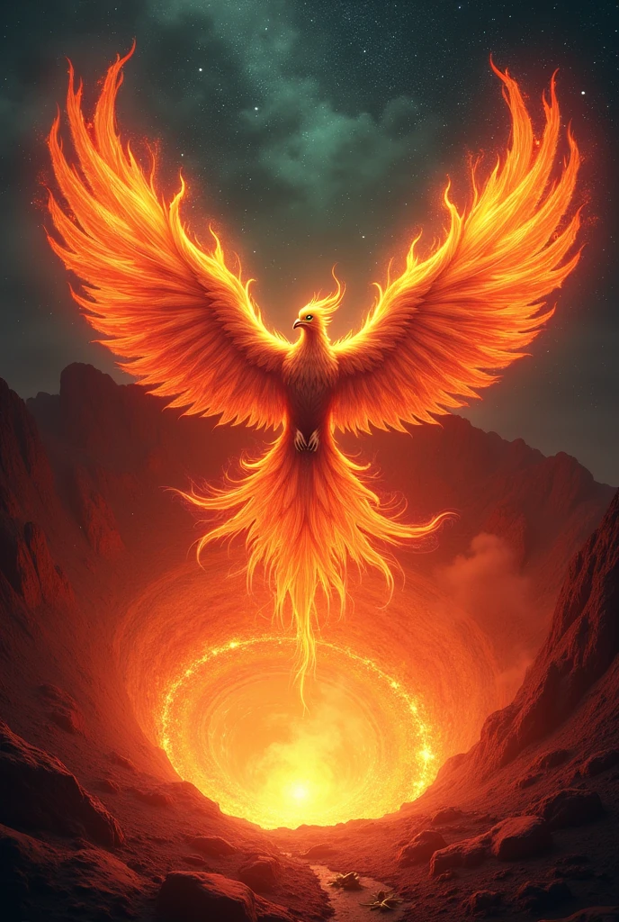Highest quality, Very detailed,Bird's eye view,Phoenix,Wearing flames,Spread your wings,fly in the sky,(Jump out of the crater),Starry Sky,(eruption),Red light flows,Green Eyes,Top angle: head to toe