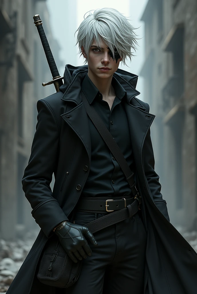 Young man, short white hair with some black strands, bangs cover the demonic left eye, wearing a black long sleeve shirt, black pants, black gloves, long black coat with hood, Sword hanging on left hip, small bag on right hip.