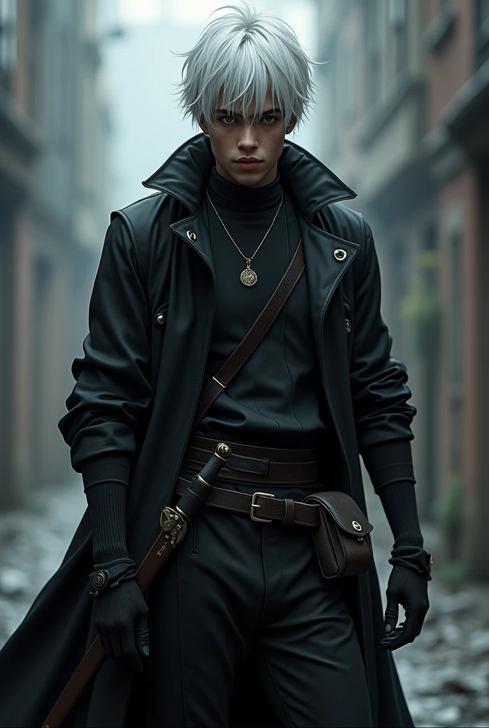 Young man, short white hair with some black strands, bangs cover the demonic left eye, wearing a black long sleeve shirt, black pants, black gloves, long black coat with hood, Sword hanging on left hip, small bag on right hip.