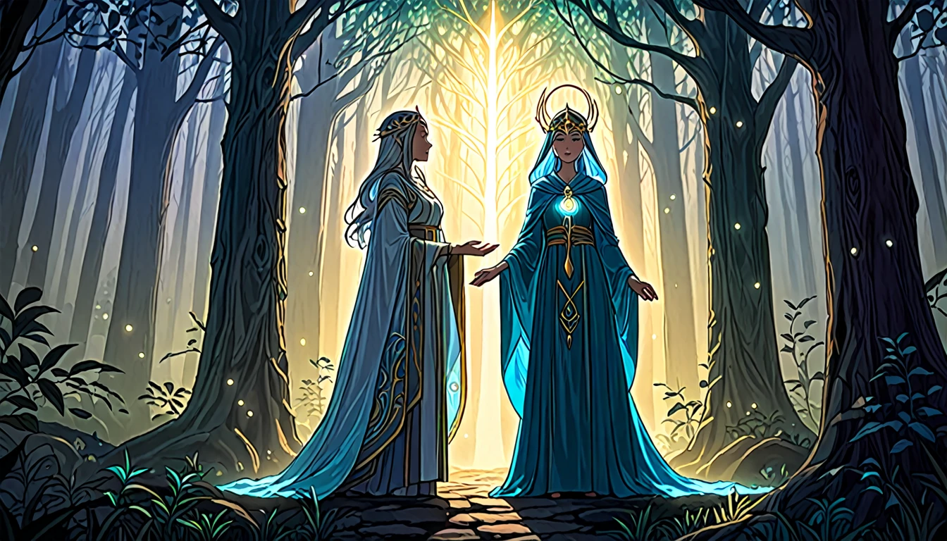An ancient priestess standing alone in a dimly lit, sacred forest at dawn, with the first light of morning filtering through the ancient trees. She has a determined expression on her face, symbolizing her resolve to break free from the shadows of the past. The forest is shrouded in mystical mist, with shadows receding as the divine light breaks through, unveiling hidden truths. Around her, the remnants of a forgotten, mythical world are fading away, represented by ethereal, fading symbols of ancient magic. The background features towering stone pillars and a narrow path leading forward, symbolizing her journey towards a new era of wisdom and enlightenment. The atmosphere is filled with a sense of liberation and empowerment, with soft, sacred light enhancing her resolve and the emotional transition from darkness to spiritual awakening.