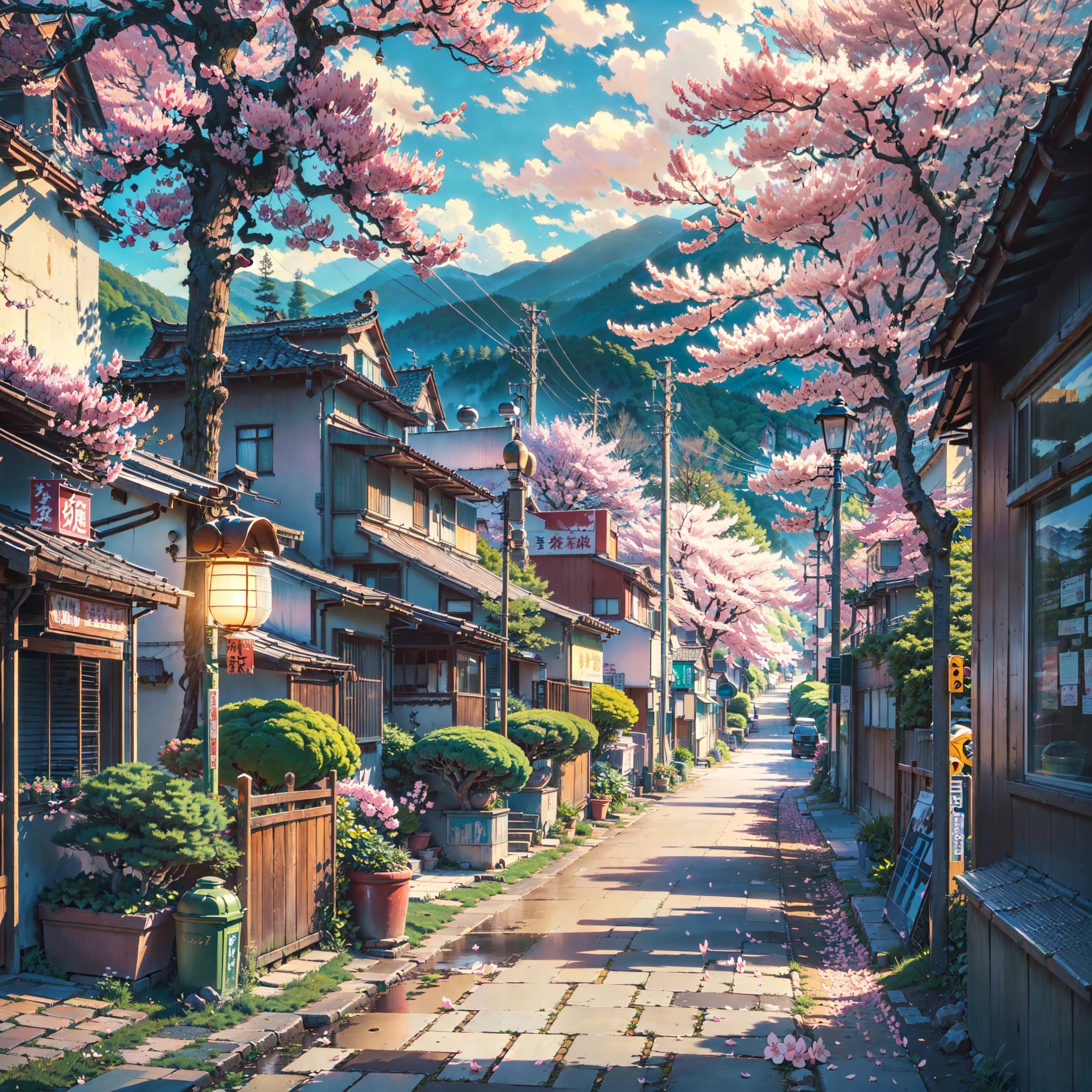 ((score_9, score_8_up, score_7_up, score_6_up)), ((serene street with a prominent cherry blossom tree in the center: 1.3)), ((anime countryside landscape: 1.1)), ((Japanese town: 1.1)), ((mountains in the background: 1.2)) detailed anime artwork, rural, anime scene, ((bright blue sky: 1.0)), extra detailed, very detailed, japanese banners, row of small lights, plant pots, , anime style, anime, lofi, lofi vibe, ((best quality:1.5)), ((masterpiece:1.5)), ((highly detailed:1.3)), ((anime aesthetic:1.2)), ((no one: 1.2)), ((no people: 1.2))