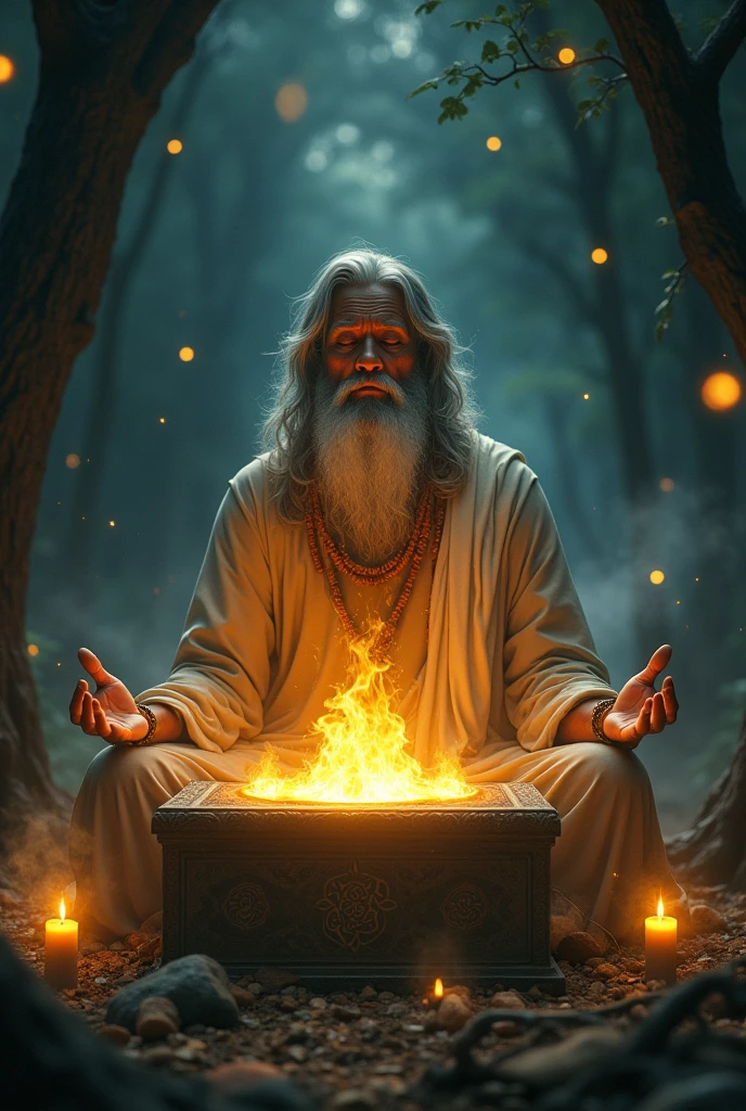 
A mystical and suspenseful depiction of Rishi Bhrigu's sacred night ritual on Aja Ekadashi. The scene shows the sage meditating in front of an ancient altar, bathed in a soft, golden glow from divine light. The setting is an enchanted forest with a dark, starry sky overhead. Mysterious, translucent figures float around the sage, hinting at spiritual forces at work. The image conveys a sense of reverence and magical atmosphere."