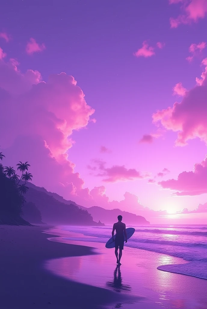 purple色の空 over the ocean with a surfer walking on the beach, purple色の空, purples, purple色の空, purple beautiful sky, purple色s, purple, reflective lavender ocean water, beautiful, purpleの夕焼け, purpleの色合い, purple色の輝き, beautiful background, soft purple色の輝き, purple色の審美, purple, purple色, purple - 着色, beautiful dreamy breathtaking