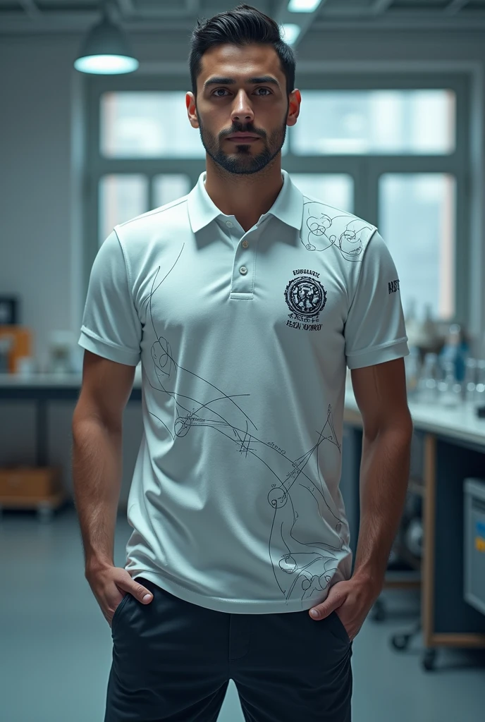 Create a 3d organization polo shirt and design it relating to sciences