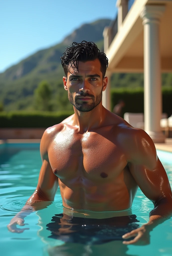 (8k, raw photo, highest quality, masterpiece:1.2, raw photo), (Full body shot:1.7) photorealistic image of a (standing pose:1.7) ultraRealistic high resolution RAW color photos, professional photos, super resolution, (Realistic, real photos: 1), photography, ((Handsome Italian man)), natural shiny skin, muscular physique, high-definition facial and skin texture, (Dark brown hair, wet hair, well-defined muscles, (high resolution), confident and intense facial expression, wearing a wet swimsuit, (well-defined jawline, piercing eyes), strong gaze, wet lashes, deep brown eyes, slightly smiling with water droplets on his face, intricate details, strong and seductive look, looking directly at the camera, confident eyes, intense facial expression, emerging from the water, he has a strong build, he has defined abs, wide angle, post-swim, powerful, charming, artistic and memorable poses, volumetric lighting enhancing the ambiance, rich and contrasting colors, visually striking and impactful images, it’s a work of art, highly detailed, high-budget, stunning details, complex composition, (long-distance angle), luxurious pool with a stunning villa in the background under a bright blue sky.